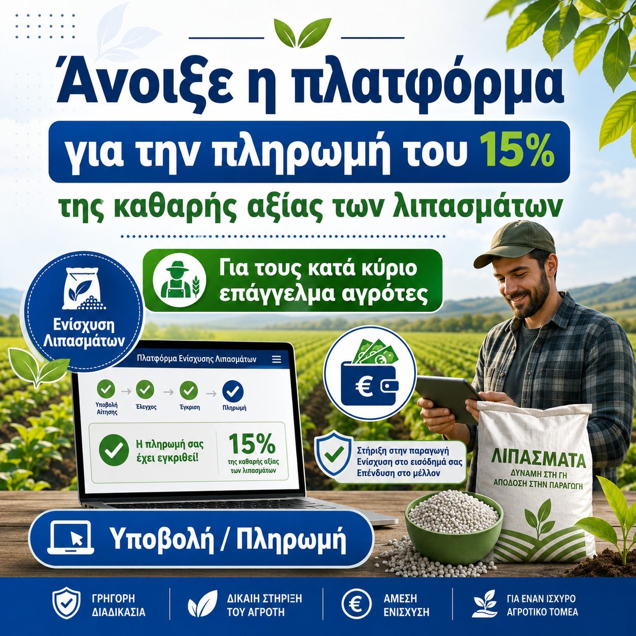 ΥΠΑΑΤ και ΑΑΔΕ: Άνοιξε η πλατφόρμα για την ενίσχυση αγοράς λιπασμάτων γεωργικών εκμεταλλεύσεων